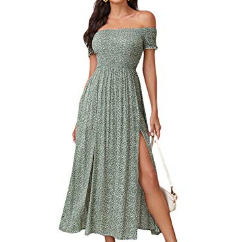 Floerns Women's Boho Floral Print Off Shoulder Split Long A Line Dress